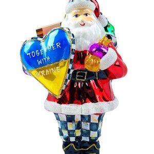 MacKenzie-Childs Santa Ornament with Blue and Yellow Heart